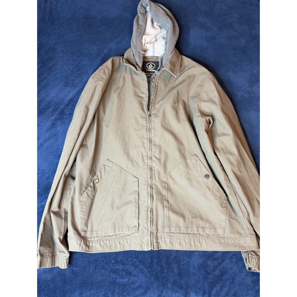 Volcom Mens Canvas Zip Up Hoodie Jacket XL Olive Green Cotton Layered Coat